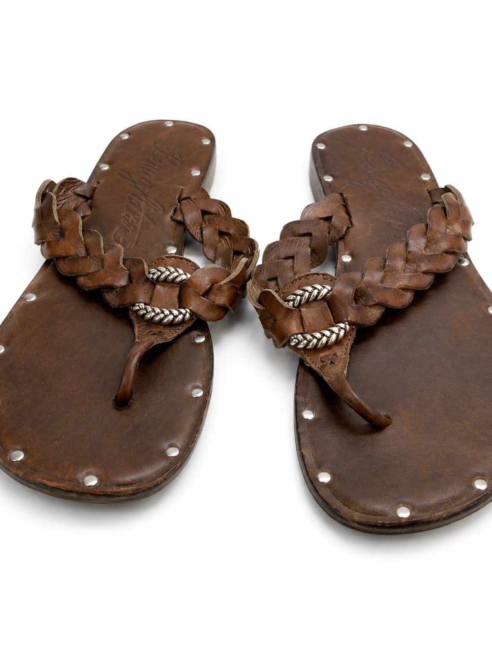 Brighton Brown Braided Leather Toe-Post Sandals with Silver Accents SIZE 9 - Picture 2 of 5